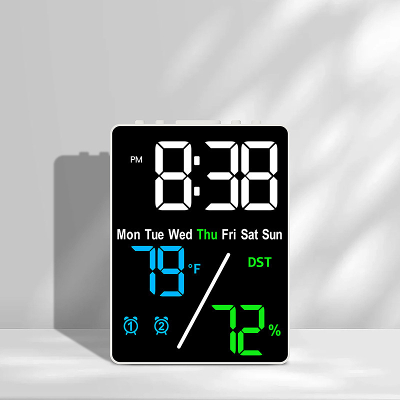 Digital Alarm Clock TEMP Humidity Date Week Disply 2 Alarm Snooze Electronic Table Clock 3-level Brightness 12/24H DST LED Clock