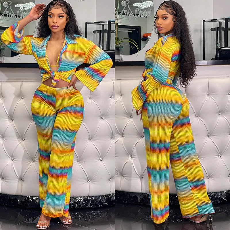 Geometric Printed 3 Piece Set Women Fall Clothes 2022 Long Sleeve Lace-up Crop Top and Pants Suits Sexy Club Party Matching Sets