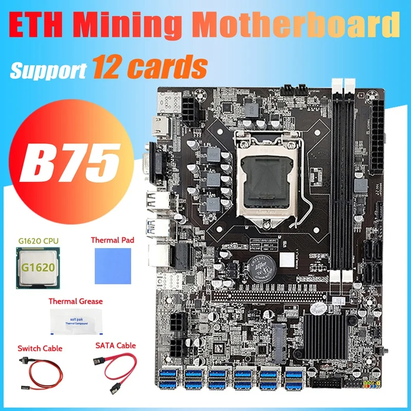 B75 ETH Mining Motherboard 12 PCIE To USB+G1620 CPU+Switch Cable+SATA Cable+Thermal Grease+Thermal Pad B75 Motherboard best pc mother board