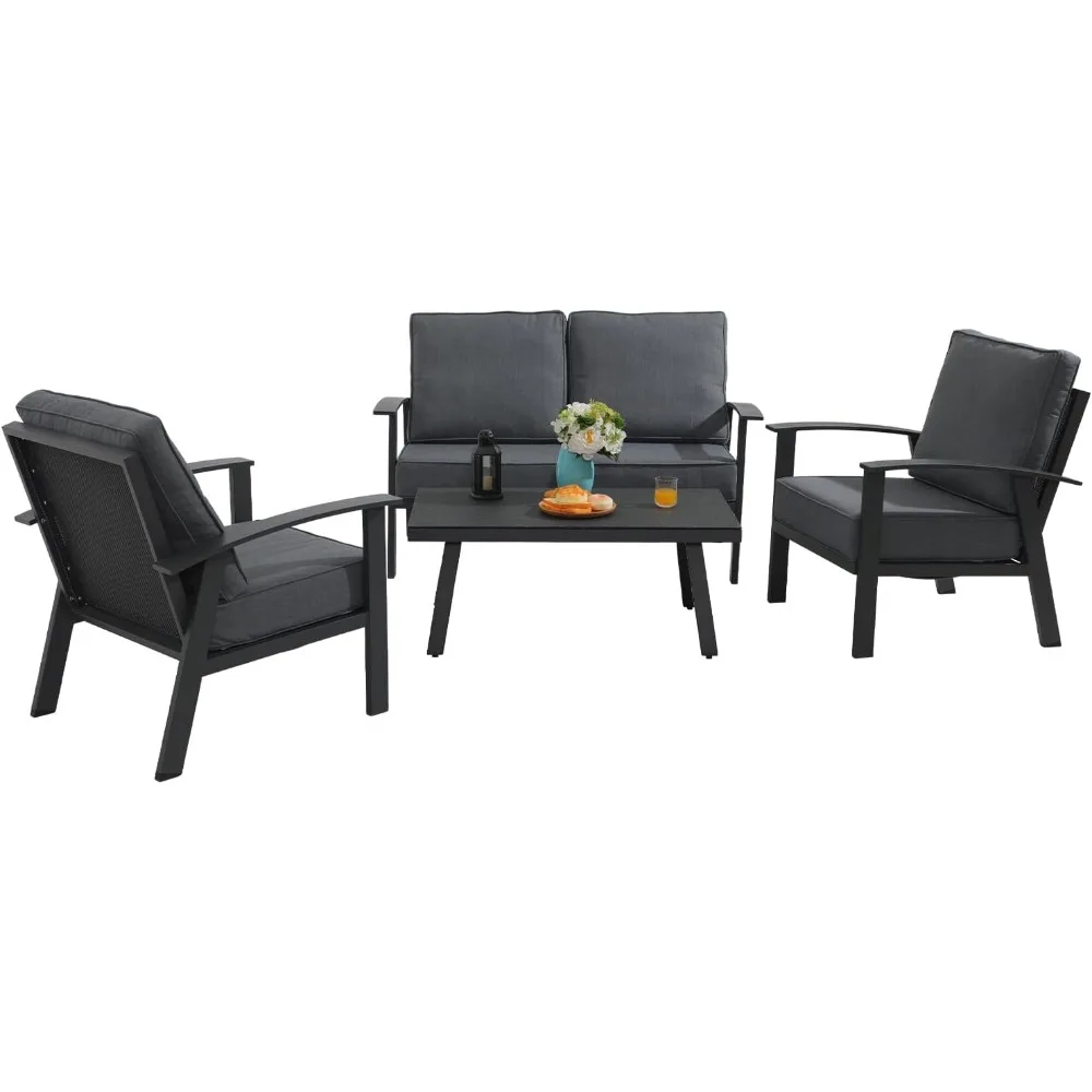 Modern Outdoor Patio Furniture Set, 4-Piece Aluminum Conversation Set, Loveseat, Coffee Table, Includes Cushion, Backyard 6