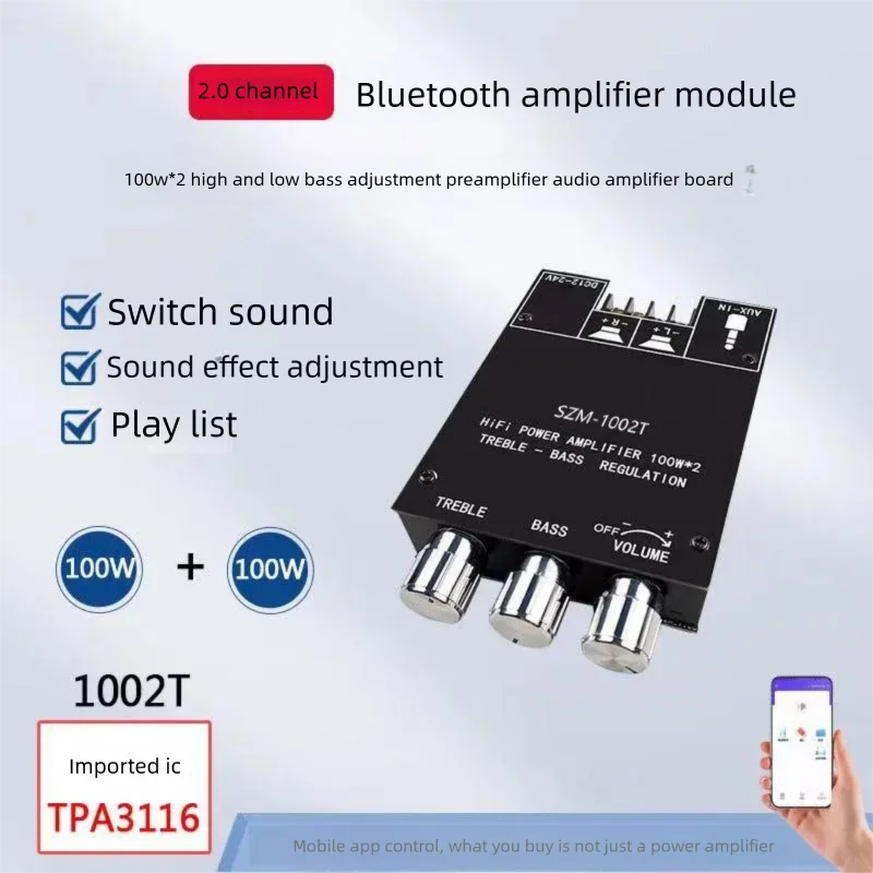 SZM-1002T 2*100W Bluetooth 5.0 Subwoofer Amplifier Board TPA3116 2.0 Channel Hig