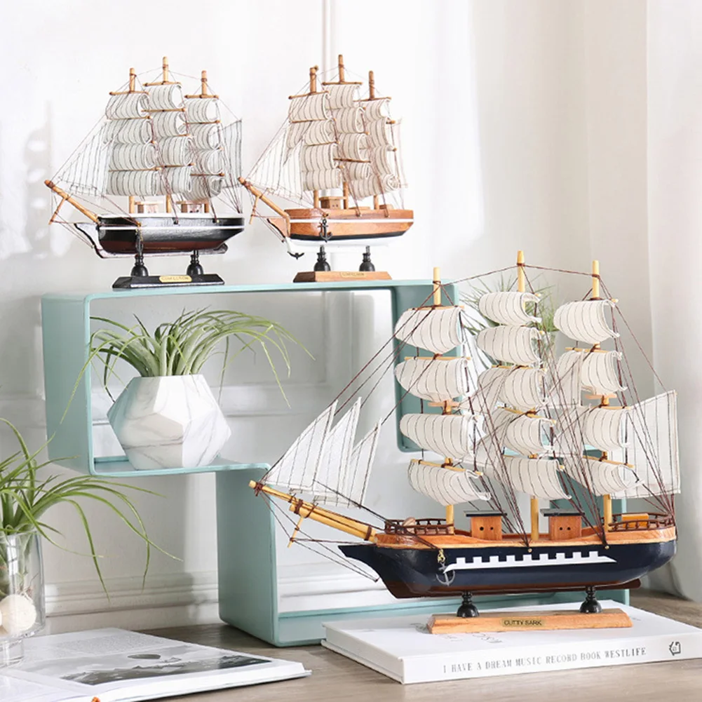 Desktop Sailboat Decoration Wood Nautical Sailing Boat Table Ornament With Light String Sailboat Model Ornament For Home Office