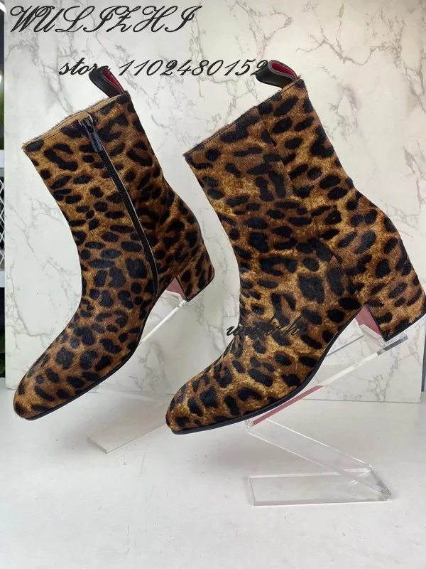 

Black Brown Leopard Spot Suede Boots Women Square Low Heel Shoes Spring Sporty Zipper Totem Corduroy Calf Booties Versatile Shoe