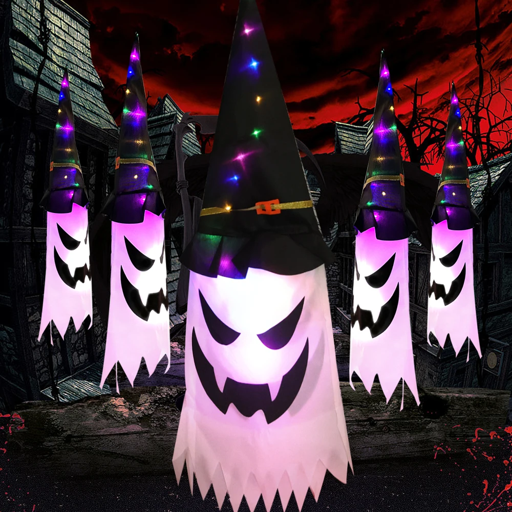 Halloween LED Hanging Ghost Light Battery Powered Glowing Wizard Hat Lamp For Home Halloween Party Dress Up Decoration Lighting glowing halloween unique witch hat led lighted scary glowing ghost hat lights hanging pendant garden home halloween decor