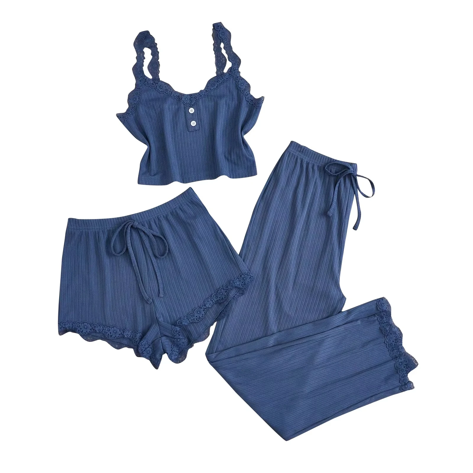 New 2025 Women's Summer 3PCS Pajama Sets Solid Vest Shorts and Pants Paired with Lace Splicing for Homewear Sexy Sleepwear Sets