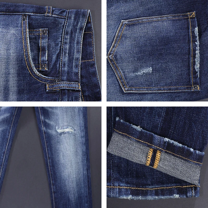 Men's Fashion Designer Jeans High Quality Retro Blue Slim Fit Split Jeans Men's Retro Pants Italian Style Brand Pants Hombre