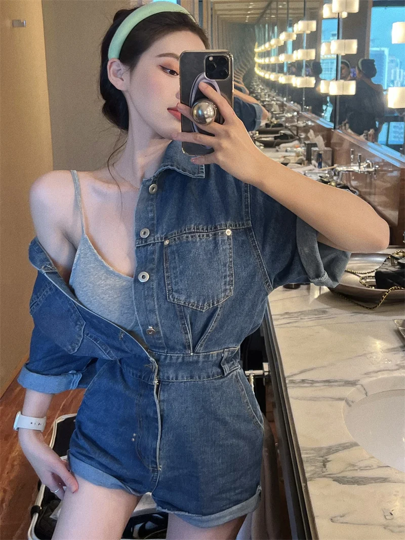 Women's Summer Denim Playsuits Short Sleeve Single Breasted Short Jumpsuits Lady Streetwear Vintage High Waist Denim Rompers