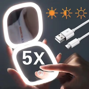 2 côtés du visage tactile Compact Led 3 couleurs Mini pliable Charge cosmétique miroir de maquillage avec lumière 5X grossissement Compact portable 1
