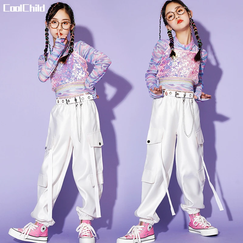 

Girls Pink Crop Top Sequin Camisole Hip Hop Sweatshirt Jogger Clothes Sets Kids Street Dance Pants Wear Child Stage Costumes