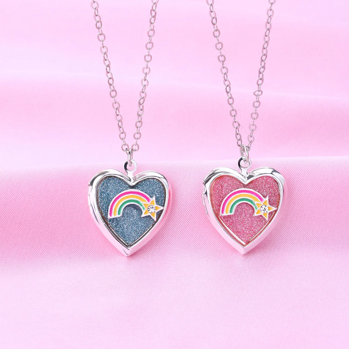 2 Stück zweifarbige Herz-Regenbogen-Charm-Halskette zum Öffnen und Schließen von Fotoalbum-Anhängern für Damen und Herren, Schmuck, Accessoires, Geschenke