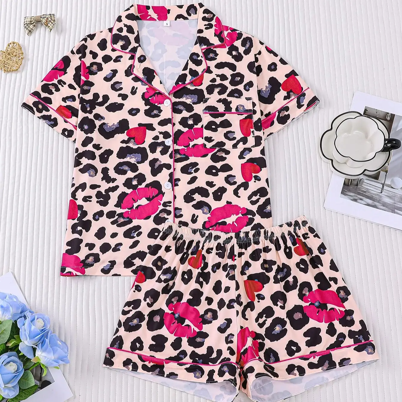 Leopard Print Red Lip Pajama Set - Short-Sleeved Cardigan with Breathable Shorts for Indoor & Outdoor Comfort