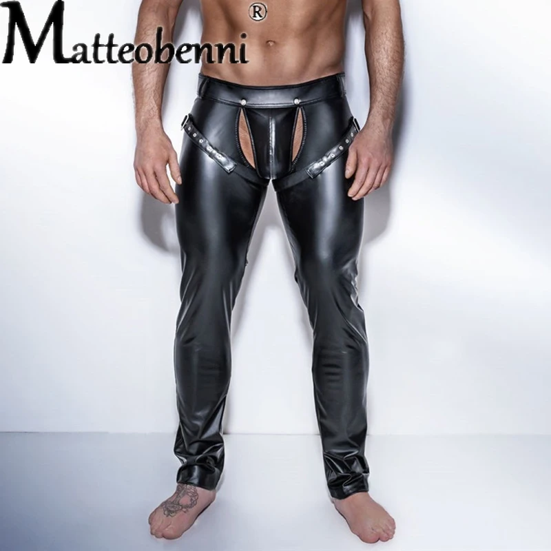Men Leather Chaps Men Leggings Erotic Men Faux PU Leather Pants Male Wetlook Latex Trousers Open Front Pole Dance Pants Gay Fetish PVC Clubwear Costumes