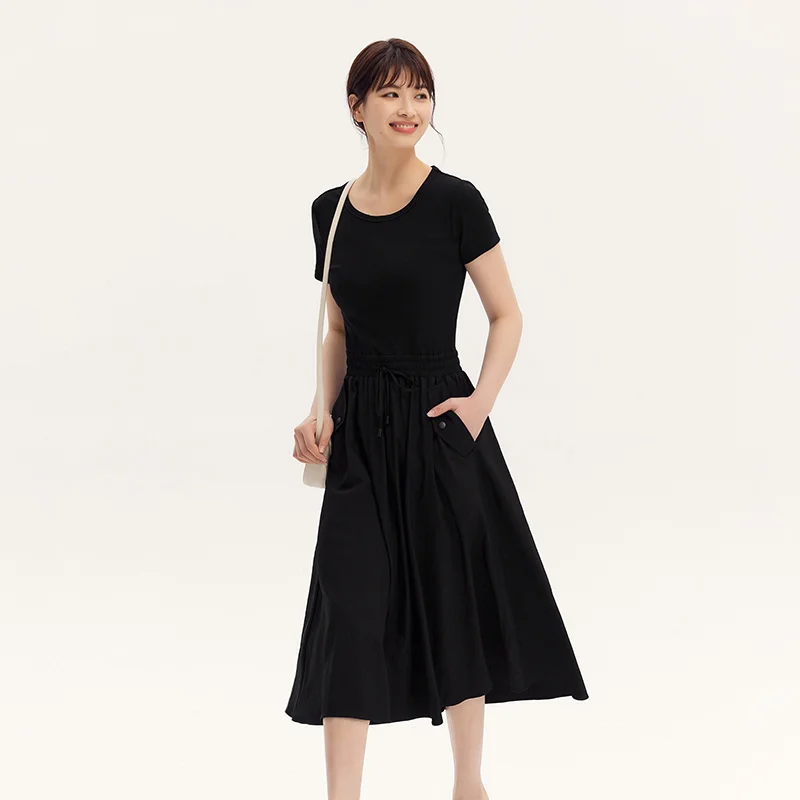 Dress Women Slim-Fit Waist-Cinching Dress Summer New Fake Two-Piece Round Neck Midi Versatile Dress