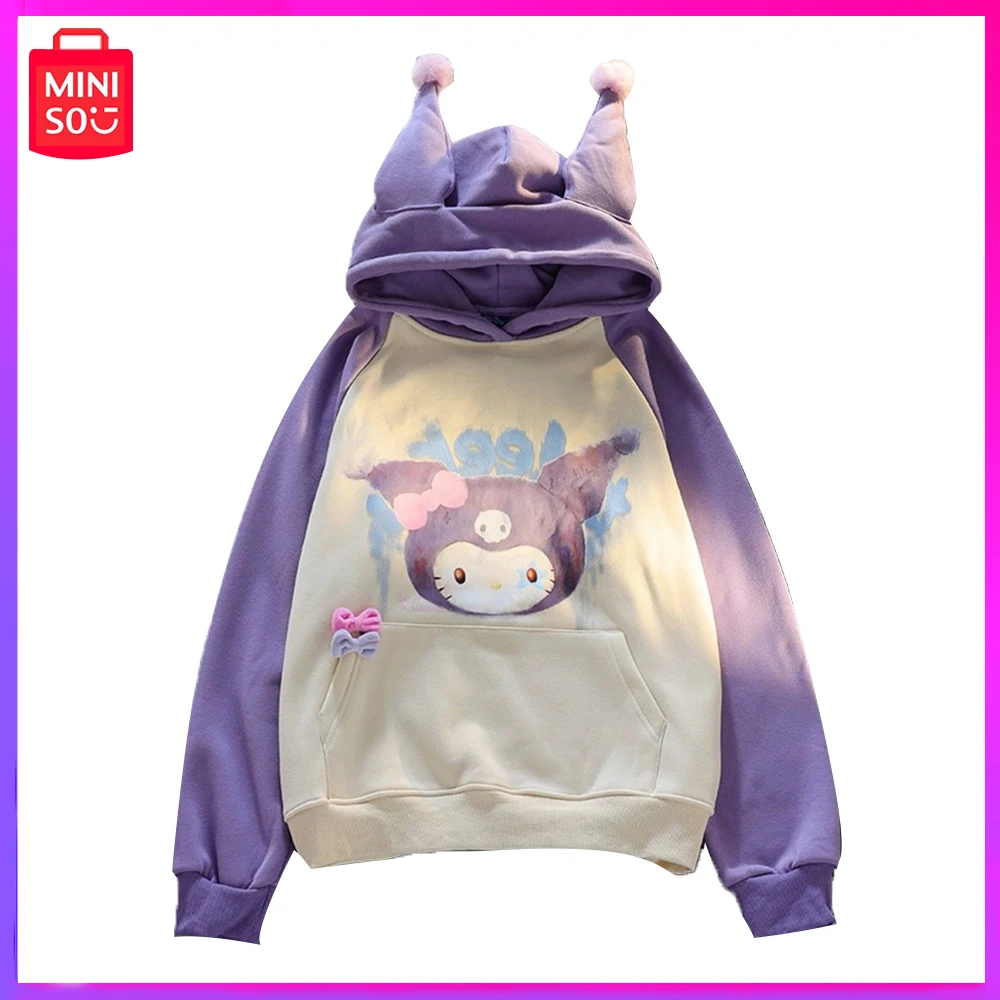 

2023 Miniso Sanrio Kuromi New Autumn Retro Slouchy Preppy Thick Hoodie Jacket Couple Purple Birthday Christmas Girl Boy Gifts