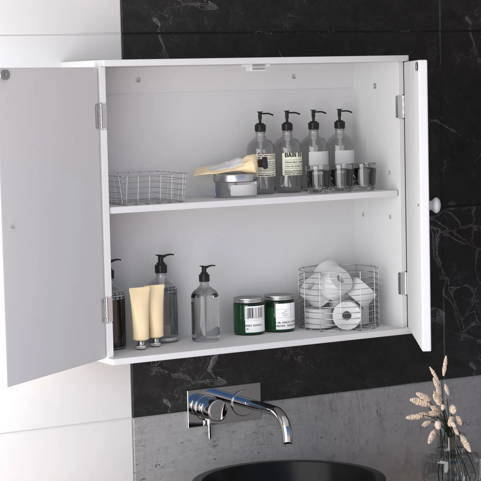 BRIEFNESS Bathroom cabinet Bathroom wall cabinet Kitchen storage cabinet with double doors and adjustable shelves White