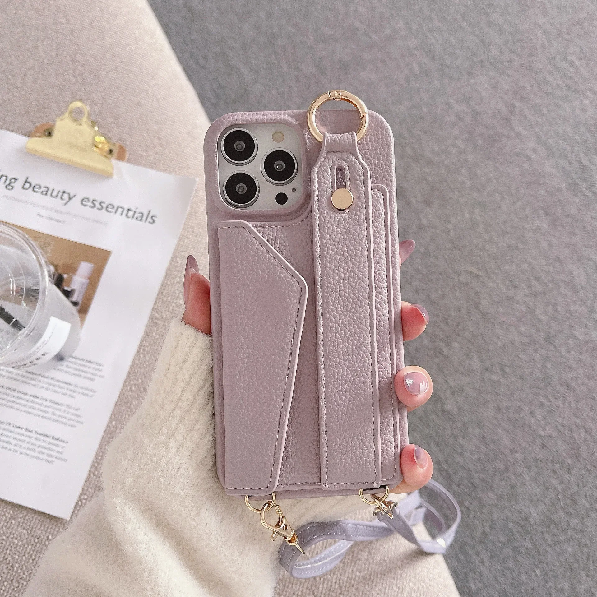 Luxurious Leather Crossbody Wristlet Phone Case with Card Slot and Lanyard