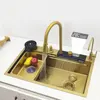Gold LED Waterfall Kitchen Sink Large Single basin honeycomb anti-scratch nano technology Stainless Steel Sink LED Faucet 1