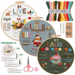 Beginner's Embroidery Kit Deluxe: Complete Stamped Cross Stitch & Tool Set - 3 Pack - With 1 hoop (Set K)