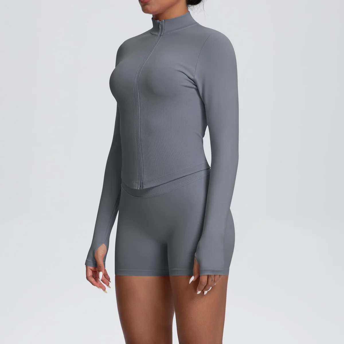Women Gym Set - Seamless Yoga Suit With Zip Shirt & Cycling Shorts Activewear