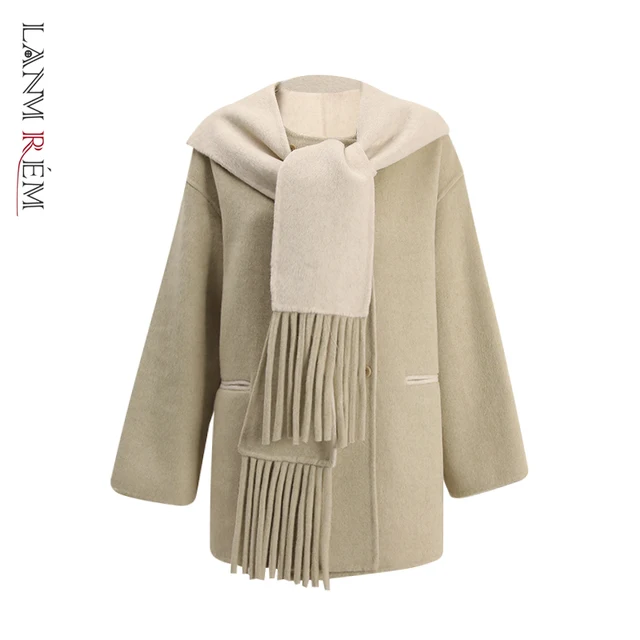 LANMREM Removable Hooded Round Collar Double-faced Woolen Coat for Women Korean Trendy Loose Short Style Autumn Winter Jackets
