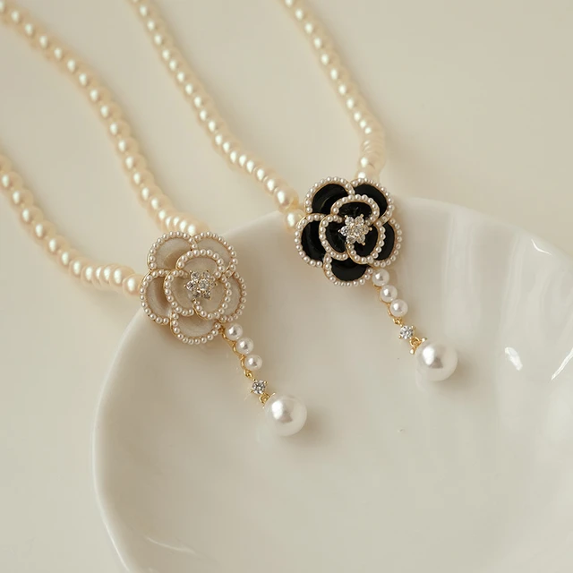 chanel necklace black pearl set