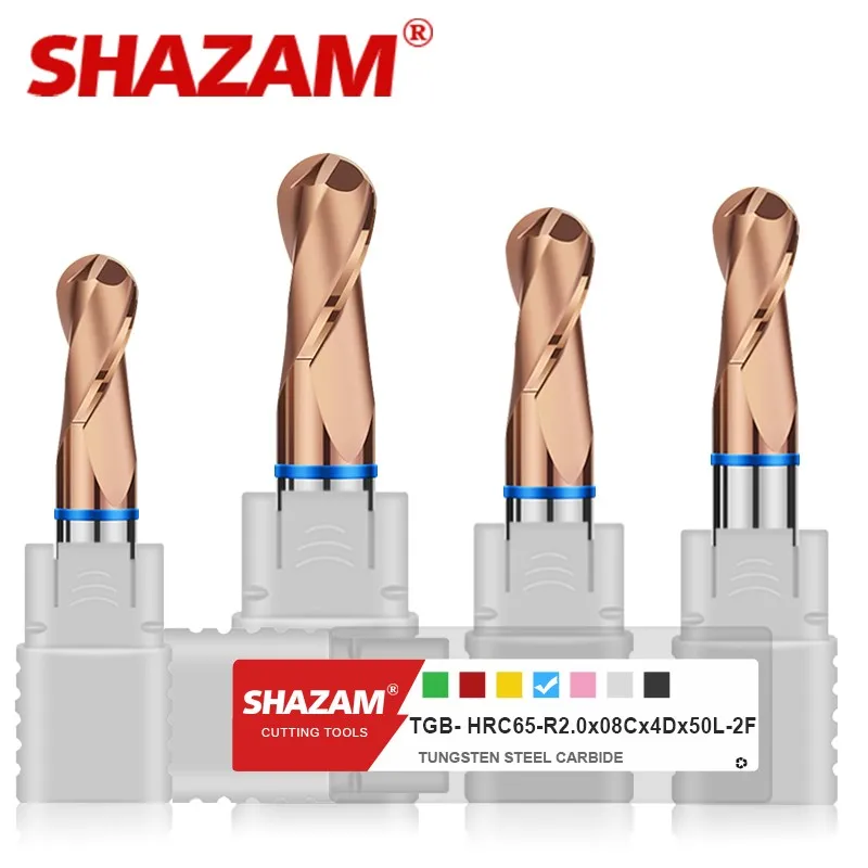 SHAZAM TGB-HRC65 2F 컬러 서클 밀링 커터, 텅스텐강 카바이드 합금 코팅 볼 엔드 밀, CNC 가공 엔드밀 도구