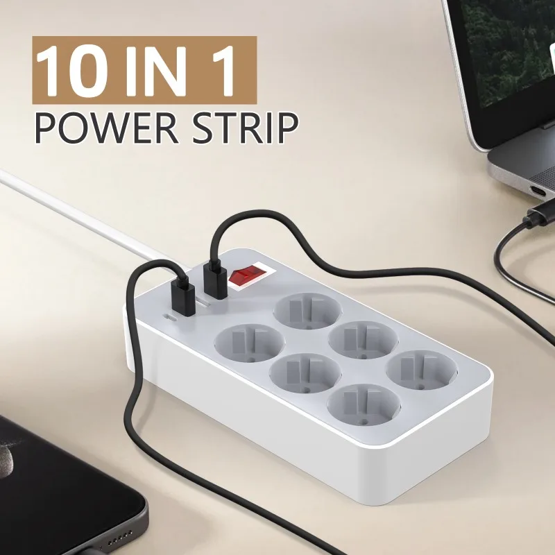 10-in-1 Power Strip with Surge Protection EU Plug AC Outlets Multitap Socket Extension Socket Adapter