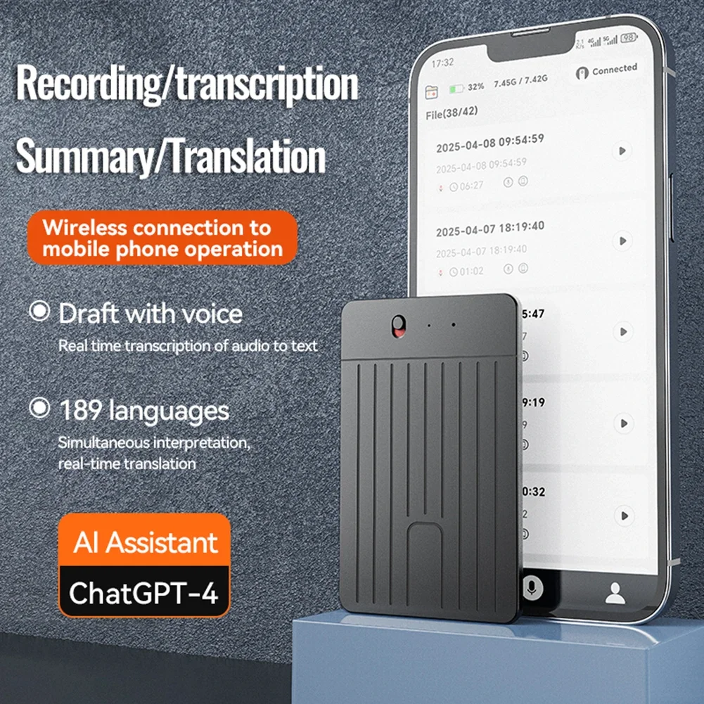 ChatGPT-4 AI Voice Recorder 500mAh AI Notetaking Device 188 Languages Intelligent Note Voice Recorder for International Exchange