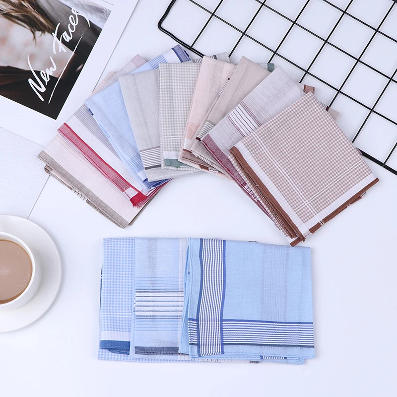 

12pcs Men Handkerchiefs Square Stripe Checkered Pattern for Men Women Party Prom Soft Pure Cotton Fashion Handkerchief 38*38 cm