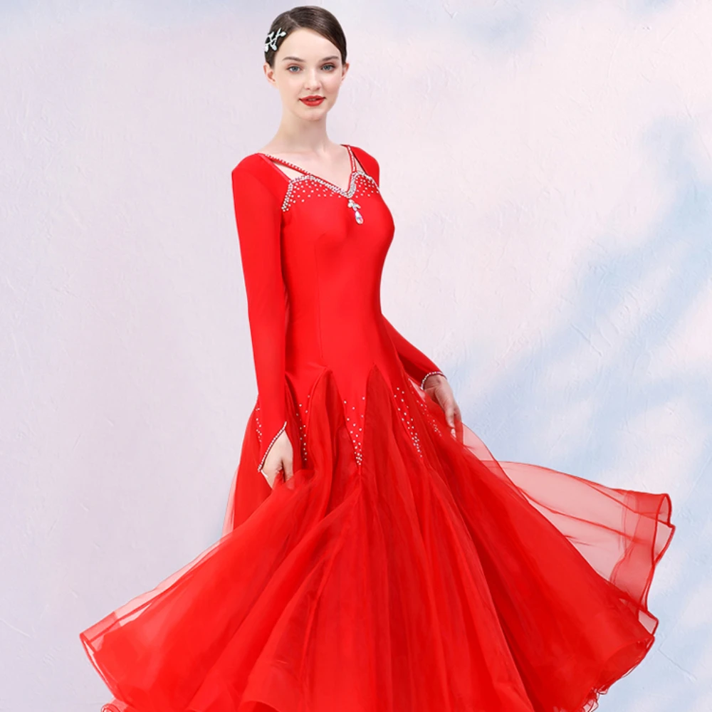 Gauze Stitching Rhinestones Plus Size Women Ballroom Dance Competition Dress Viennese Waltz Dress Foxtrot DanceWear Ball Gown