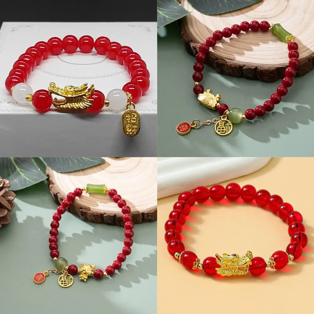 2024 Stile Cinese Drago Anno Fortuna Braccialetto Natale Studente Coppia E Regalo Rosso Anno Di Natale Perline Anno Braccialetto Mano Nuovo P2Z4