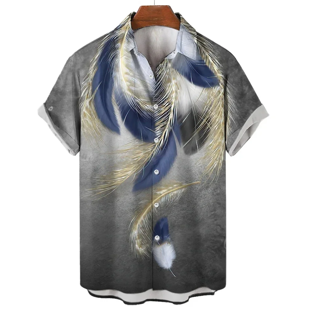 

Men's And Women's Short Sleeve Shirts Casual Feather Pattern Print Button-Down Shirt Tops