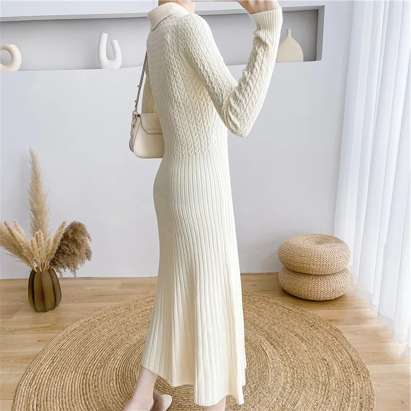 Ribbed Autumn Knit Long Dress For Women Fashion High Waist Elegant Solid Long Sleeve Dress Lapel Loose Knitwear Maxi Dress