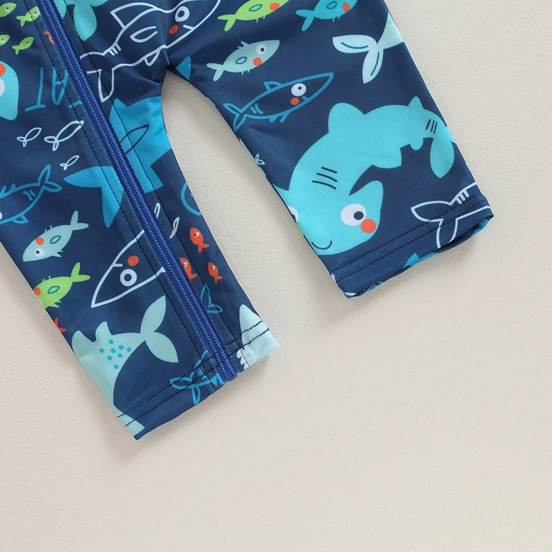 Baby Boy Shark/Spider Print Swimsuit Infant Toddler Boys Swimwear Rash Guard Zipper 1 Piece Long Sleeve Beach Bathing Suits