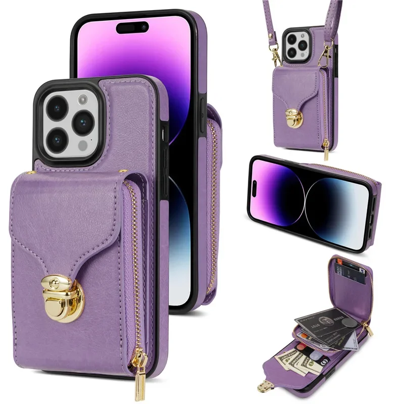 Leather Crossbody Lanyard Wallet Phone Case with Zipper and Flip Stand Cover