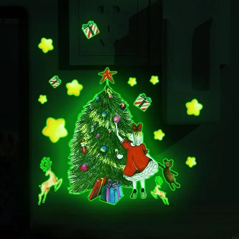 R0JD Festive Christmas Wall Sticker Glow Girl Decal Window Switches Decor
