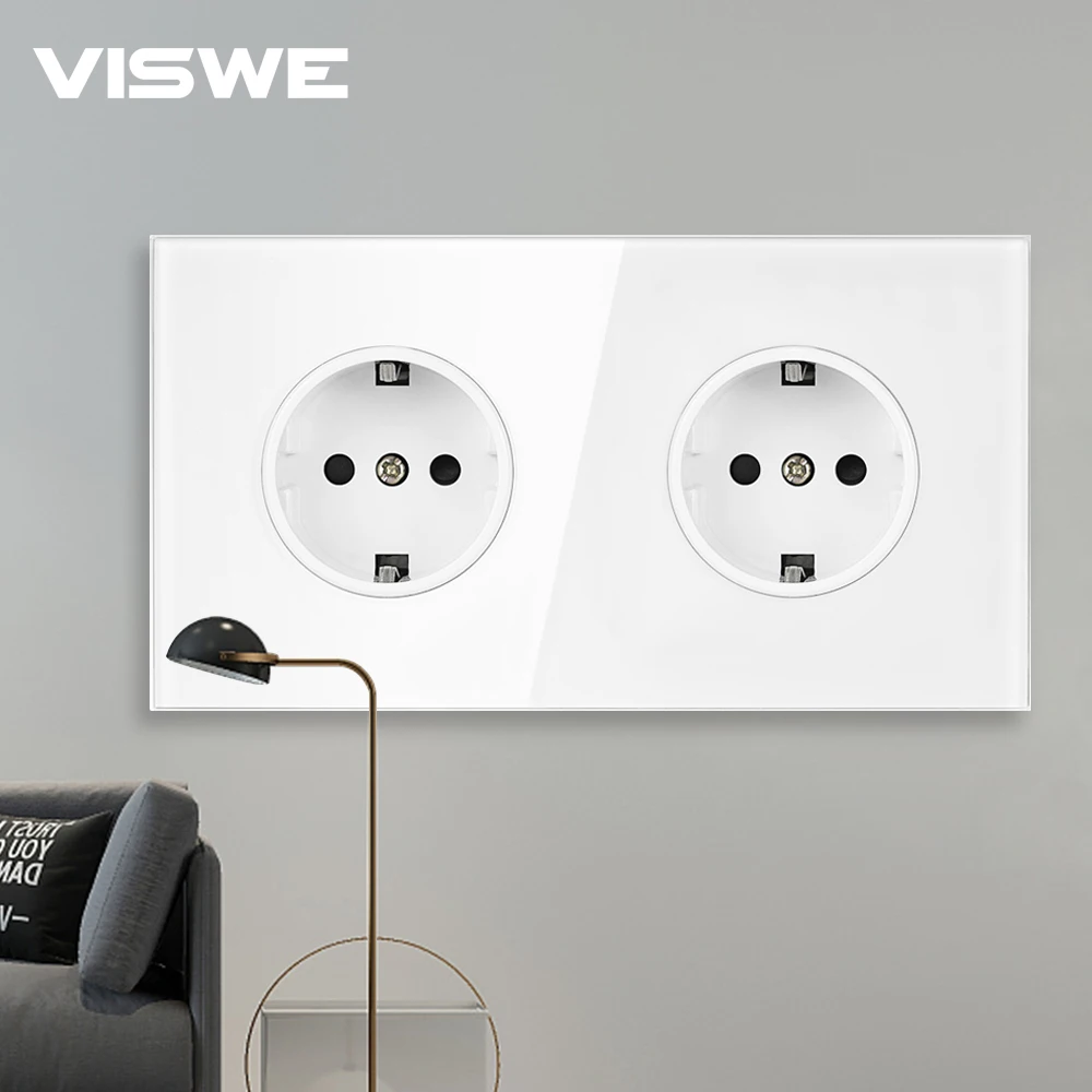 VISWE Electrical sockets 16A 250 V White Full Mirror Crystal Tempered glass socket EU Wall electrical outlets