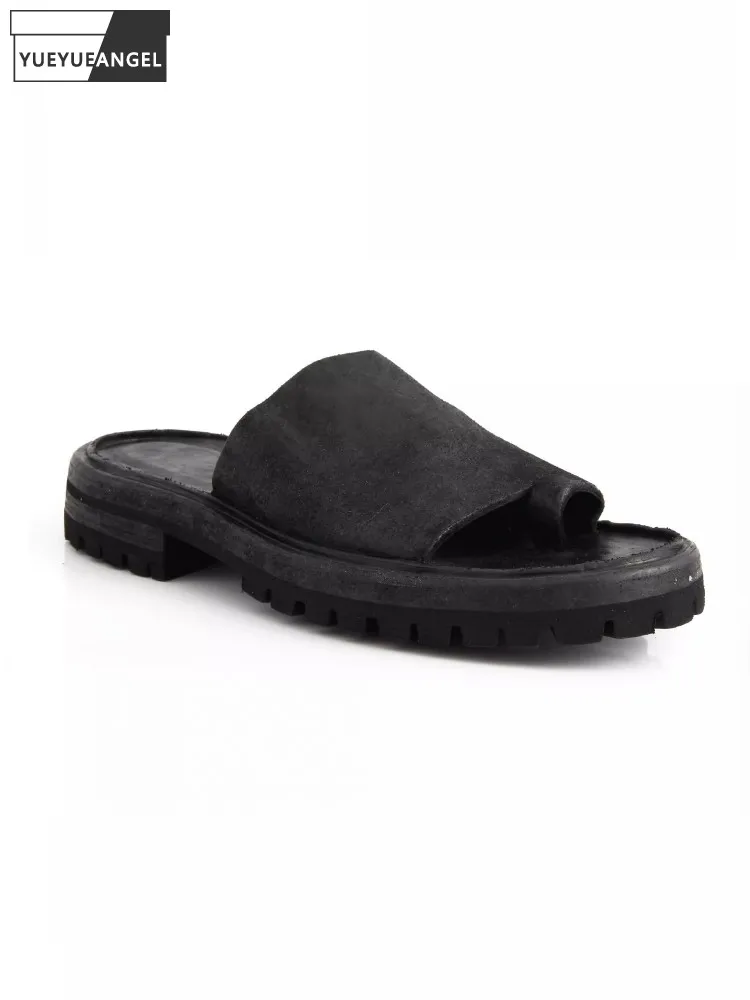 

Vintage Mens Horseskin Genuine Leather Slippers Breathable Outside New Summer Casual Shoes Clip Toe Gothic Design Slippers Male