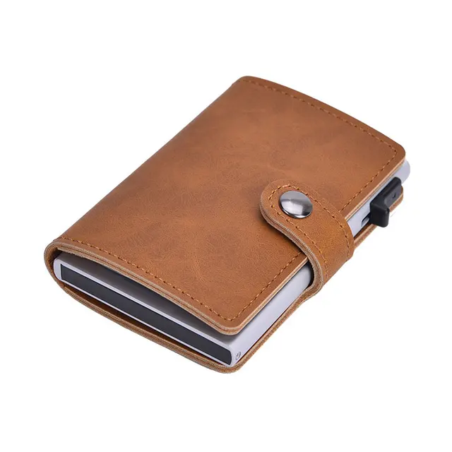 Blocking Vintage Men Credit Card Holder Aluminum Alloy Business ID Card Case Automatic Male Metal Leather Cardholder Wallet 2021 Coffee
