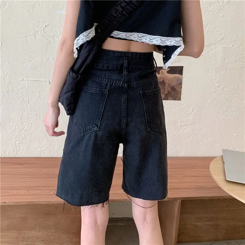 Denim Shorts Black Ripped Irregular High Waist Straight Women 2024 Summer Korean Version Slimming Raw Edge Five-Point Hot Pants