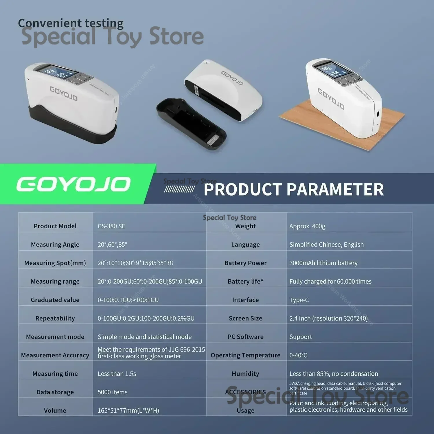 Three Angles Gloss Meter 20&ordm; 60&ordm; 85&ordm; Glossmeter with Calibration Board for Stone Paint Ink Floors Software Data Analysis 0-200Gu