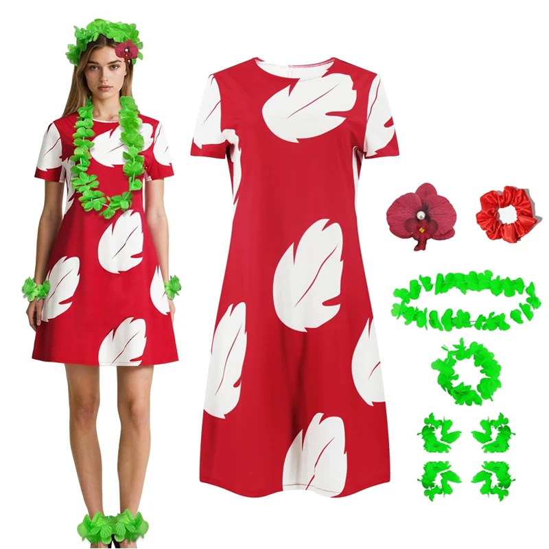 Lilo Cosplay Costume Pelekai Red Lilo Dress with Hawaiian Leaf Flower Leis Accessories Flower Hair Lilo Cosplay Costume Pelekai Red Lilo Dress with Hawaiian Leaf Flower Leis Accessories Flower Hair