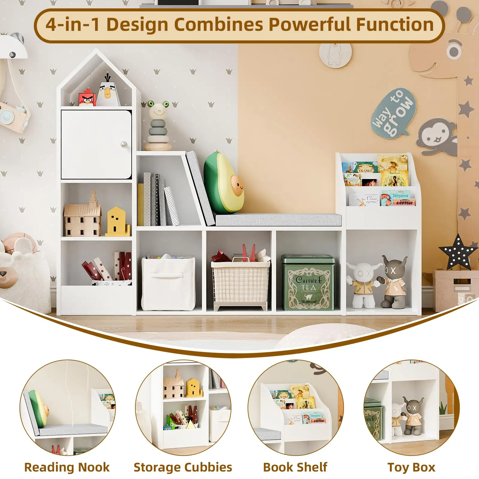 Vabches kids Bookcase with Seat Cushion Children's Bookshelf with 7 Open Storage Cubbies&3-Tier Book Organizer Toy Storage Chest 3
