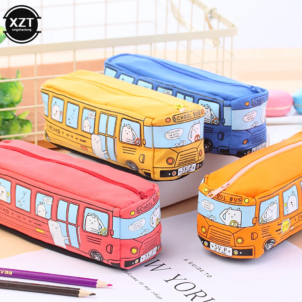 Cartoon Bus Pencil Bag Canvas Large Capacity Car Zipper Pen Pencilcase for Student Stationery School Supplies pencil cases stationery box pen storage bag