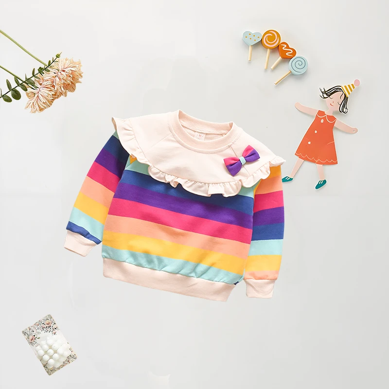 Girls' Clothing for Spring and Autumn Rainbow Striped Printed Round Neck Hoodie for Baby Girls Children's Cotton Thick Top (0-1)