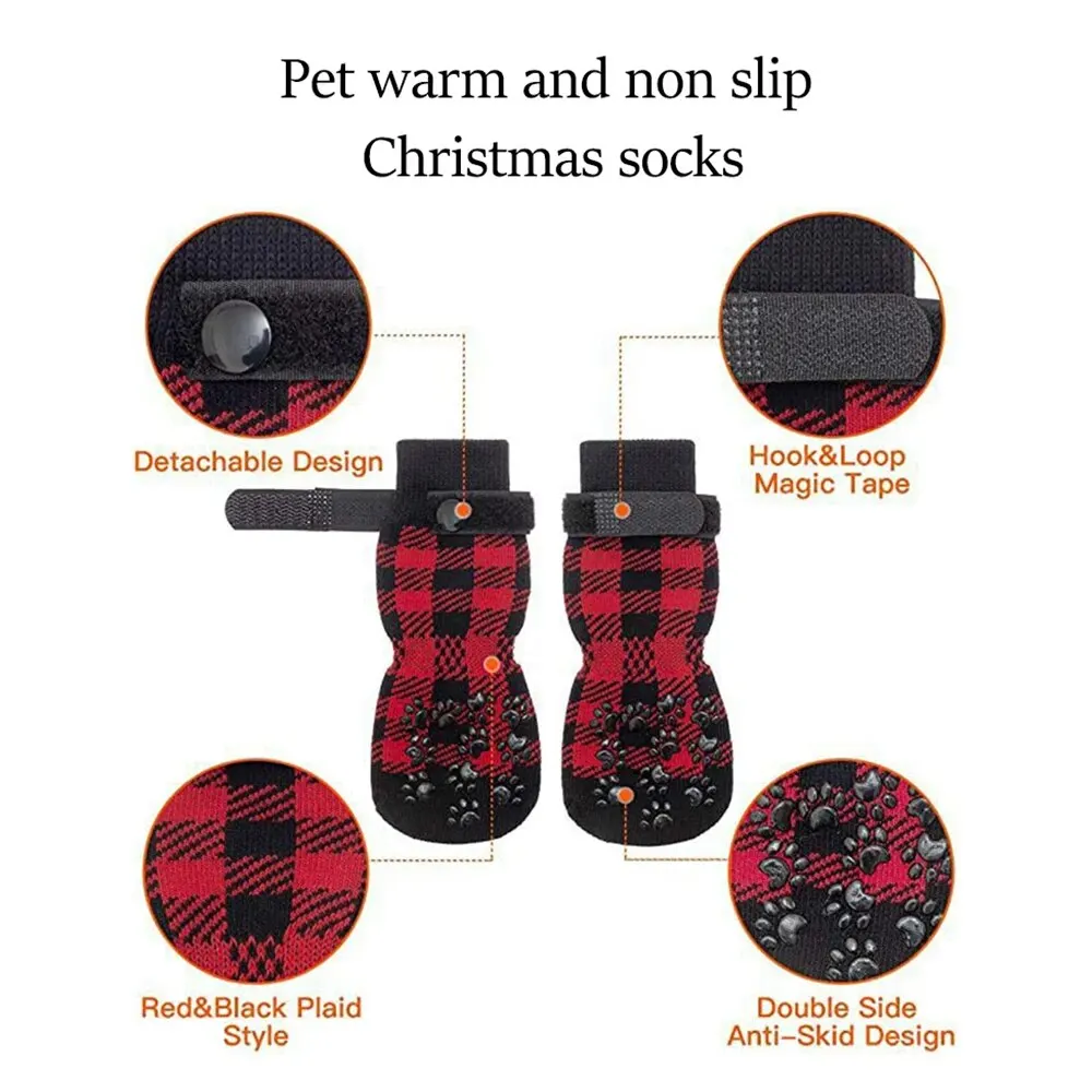 Pet Shoes Dog Shoes 4PCS Christmas Dog Stocking Thermal Strap Non-slip Sole Paw Protector For Small Medium Dogs