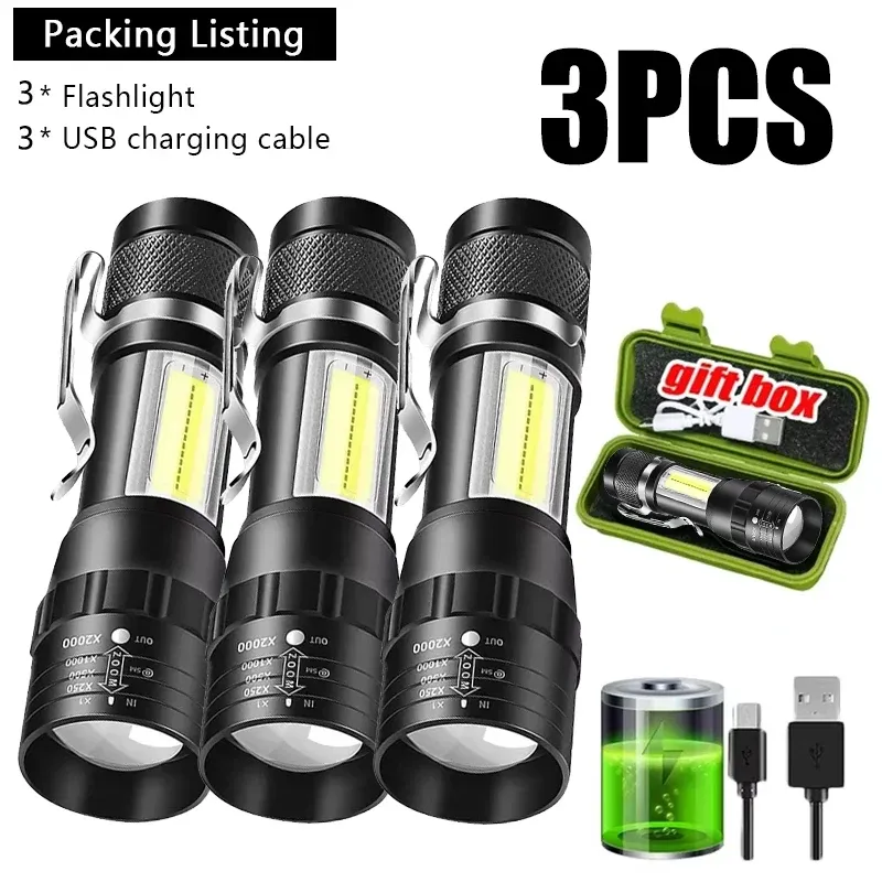 Powerful Mini LED Flashlight USB Rechargeable Torch Zoom Torch Side Lamp Outdoor Camping Tactical Flashlight Emergency Lantern