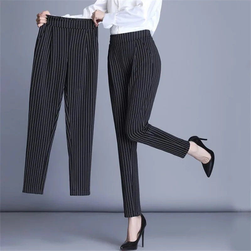Korean Office Striped Pencil Pants Elegant Korean Spodnie 4xl Broek Women Casual Slim Pantlones High Wasit Formal Harem Trousers