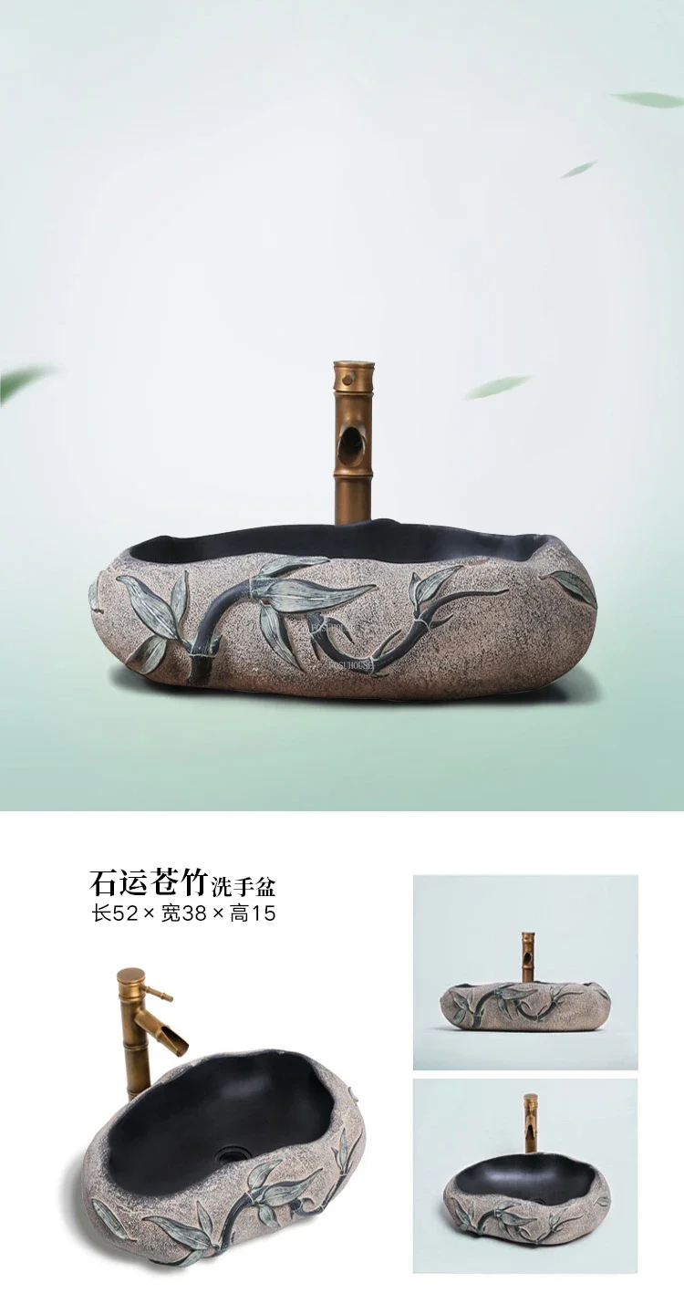 Description Picture 6 of itemChinese Imitation Stone Resin Bathroom Sinks Creative Art Bathroom Wash Basin Modern Household Countertop Basin Carving Basin