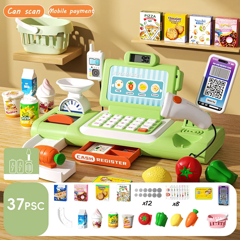 Ghzste Caja Registradora Infantil Con Escáner Interactivo – Juguete De Supermercado Para Niños, Juego De Rol Y Aprendizaje De Contar